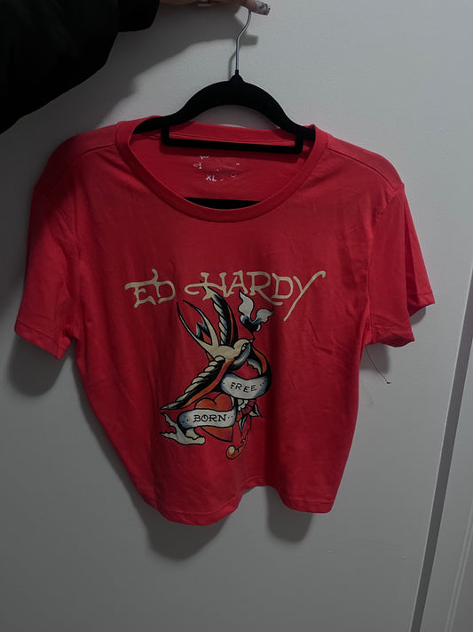 orange ed hardy croptop